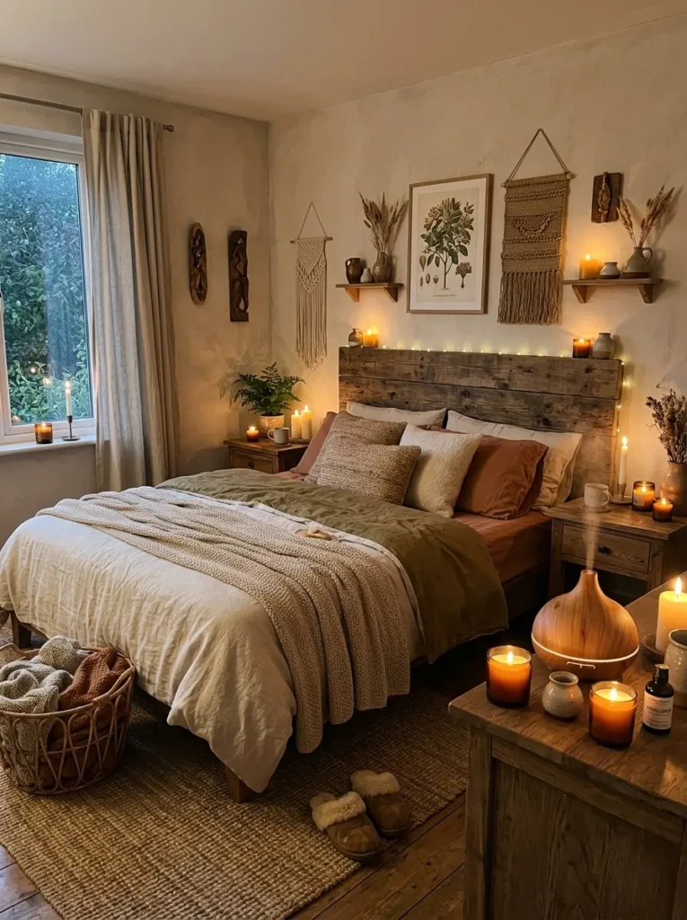Earthy bedroom with candles and essential oil diffuser creating a calming atmosphere