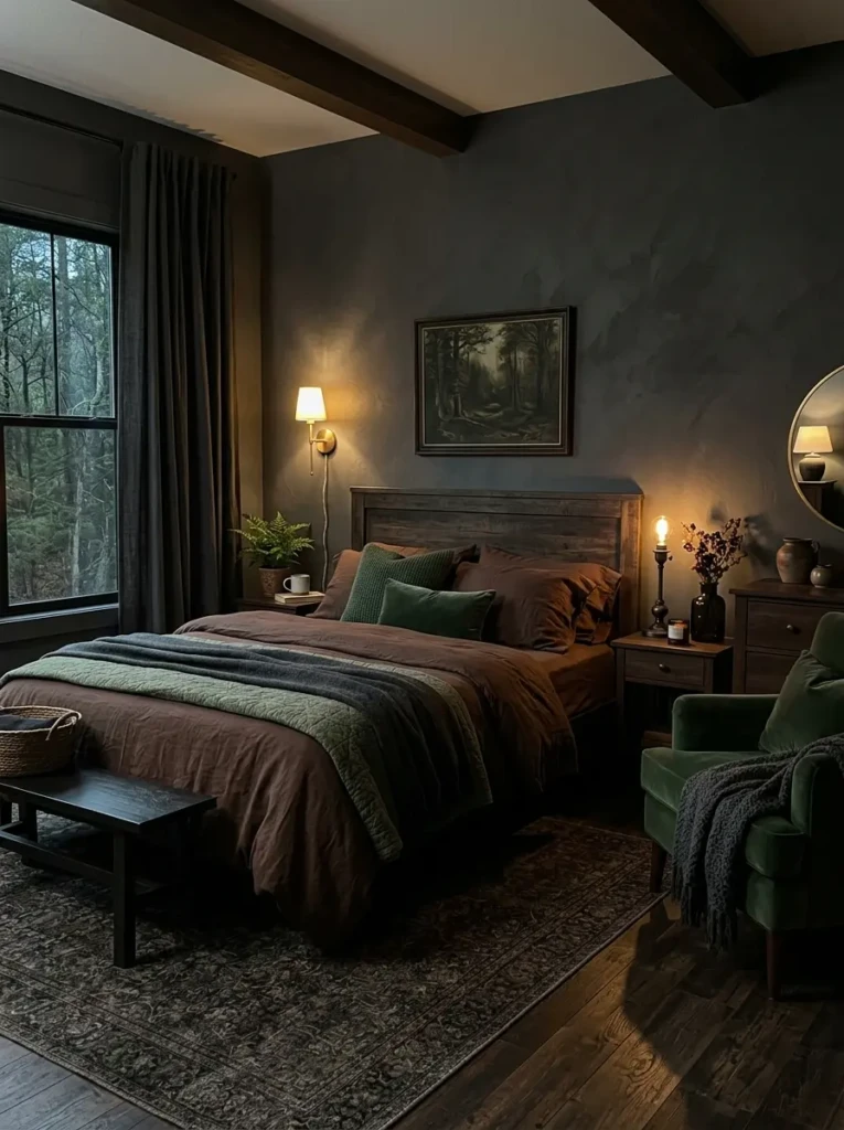 Dark earthy bedroom with moody lighting, charcoal walls, and warm textured bedding