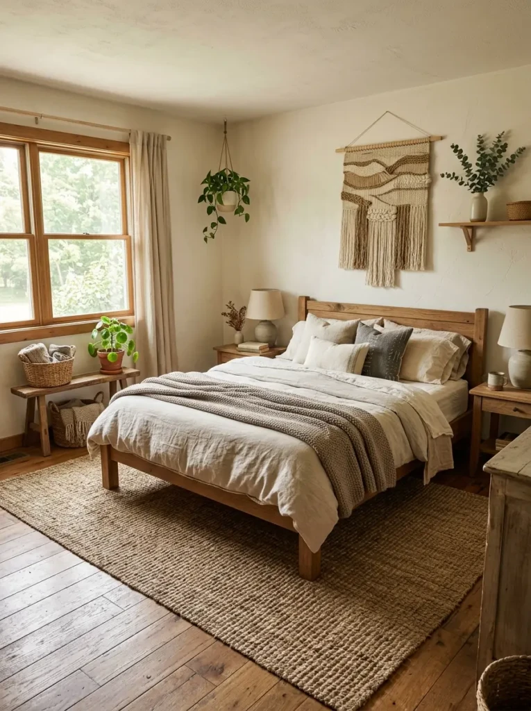 Earthy bedroom with large jute rug and layered cozy flooring textures