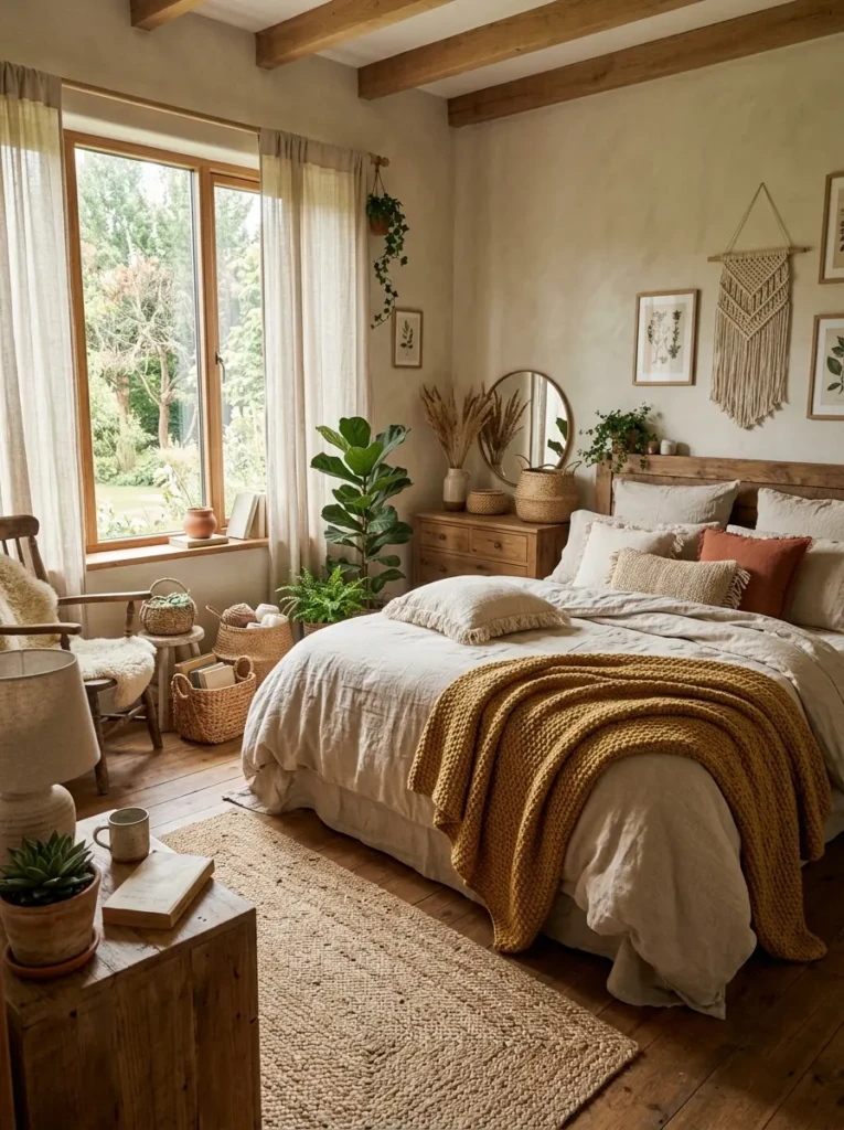 Layered linen bedding, woven baskets, jute rug, and textured earthy bedroom decor