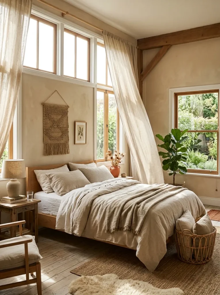 Airy earthy bedroom with soft linen curtains and warm natural sunlight