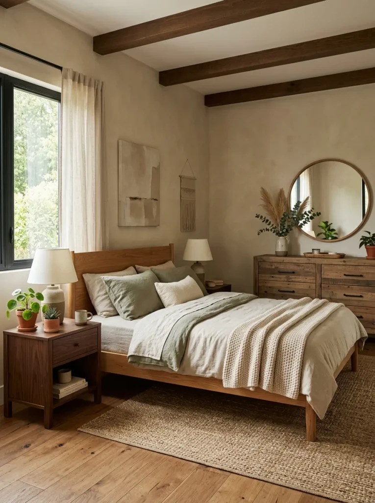 Modern earthy bedroom with oak wood bed frame and rustic wooden furniture