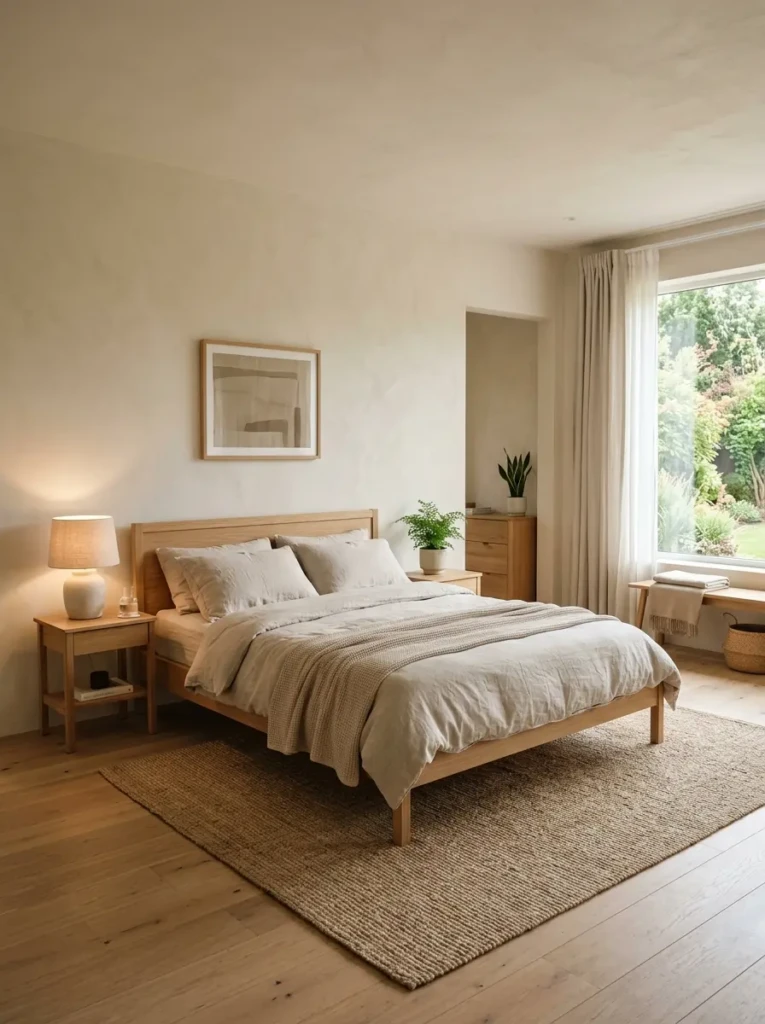 Minimal earthy bedroom with clean furniture arrangement and calming neutral decor