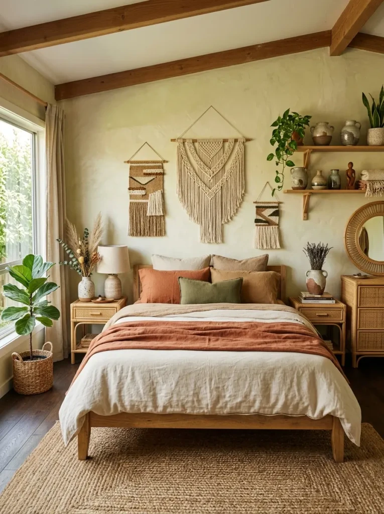 Earthy bedroom featuring woven wall decor, ceramic vases, and artisan accents