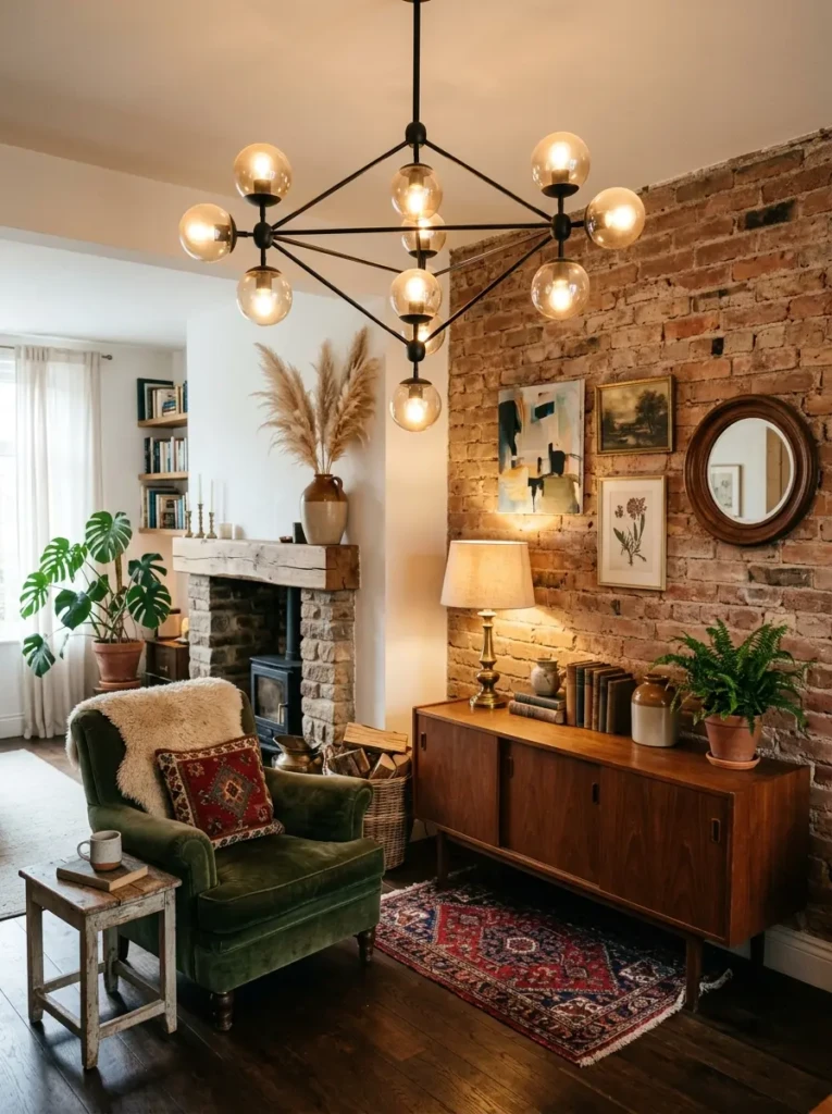 Eclectic room combining modern chandelier with vintage and rustic decor elements
