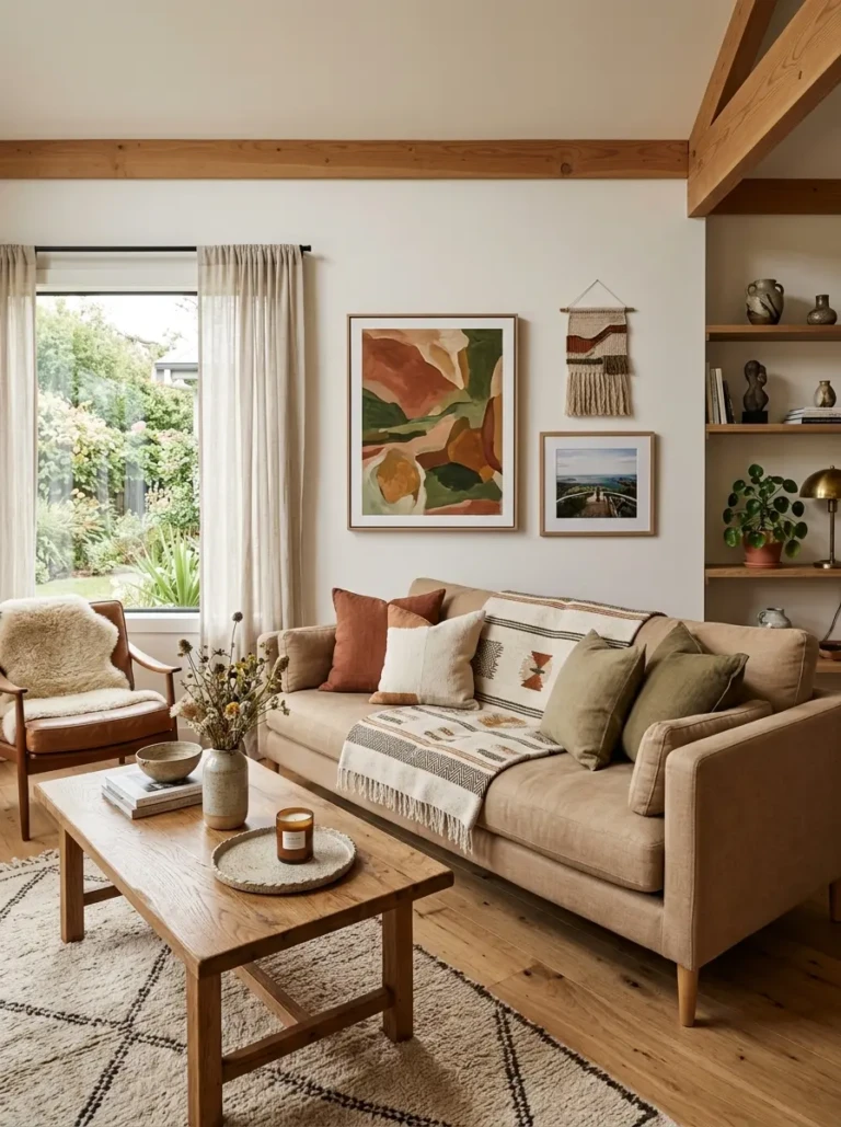 Stylish Airbnb interior with subtle artwork and balanced minimalist decoration