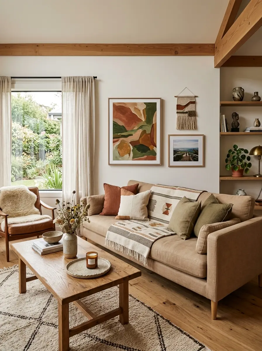 Stylish Airbnb interior with subtle artwork and balanced minimalist decoration