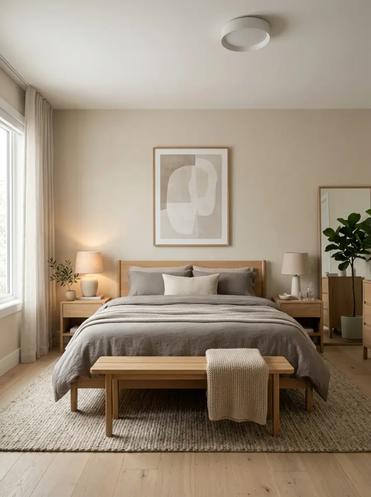 Neutral minimalist bedroom with beige and gray tones and calming decor