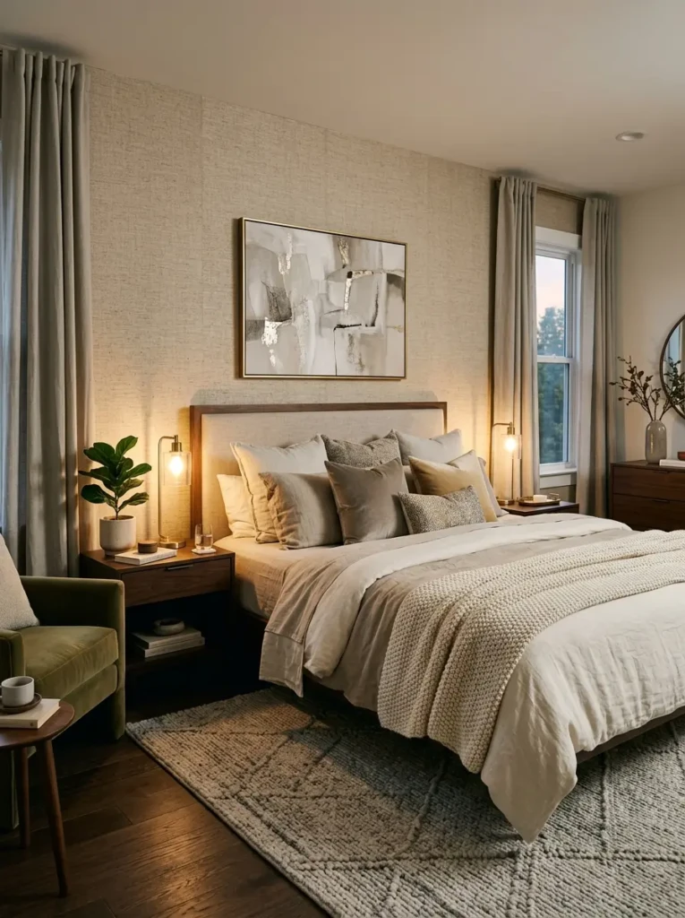 Elegant bedroom featuring textured wallpaper and warm modern interior styling