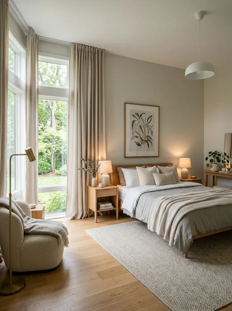 Elegant bedroom with floor-to-ceiling IKEA curtains creating a soft luxury hotel-inspired atmosphere.