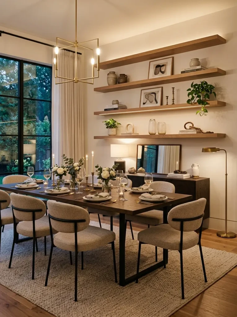 Sophisticated dining room with beautifully styled floating shelves and warm ambiance
