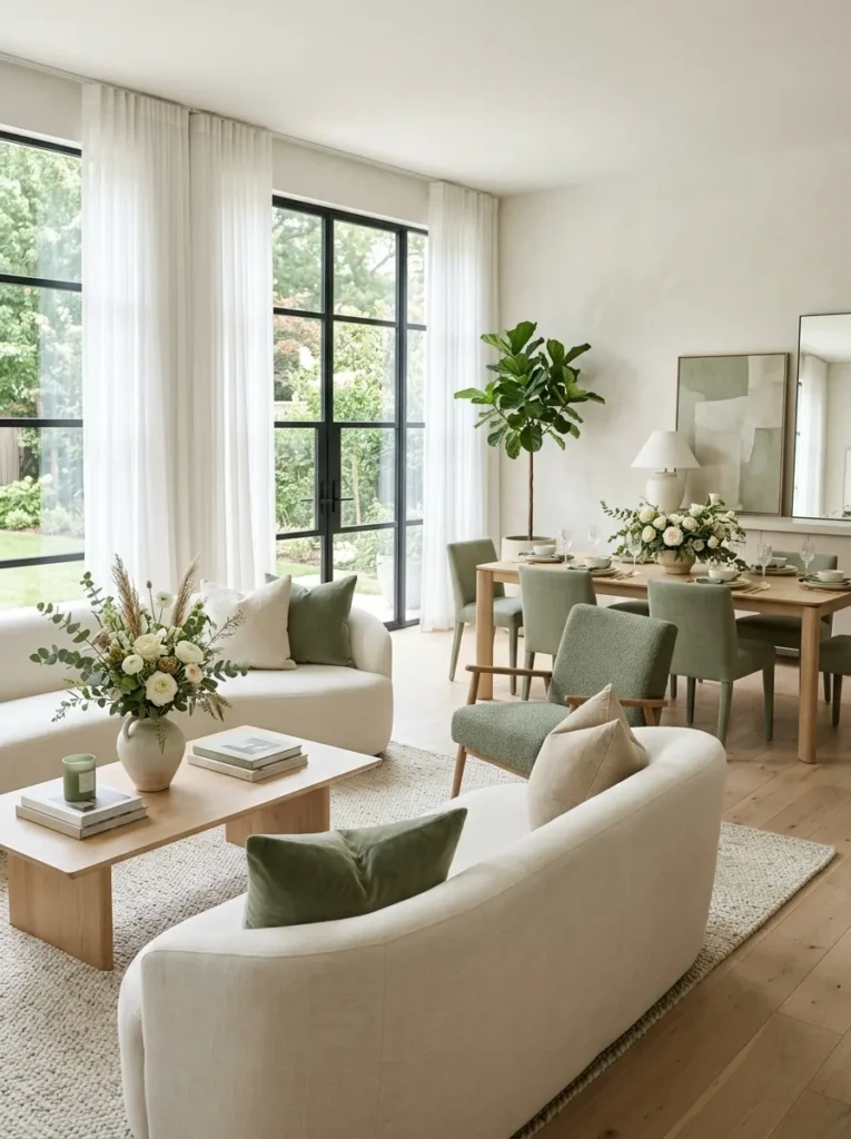 Elegant minimalist home inspired by soft ivory, sage green, and neutral wedding colors