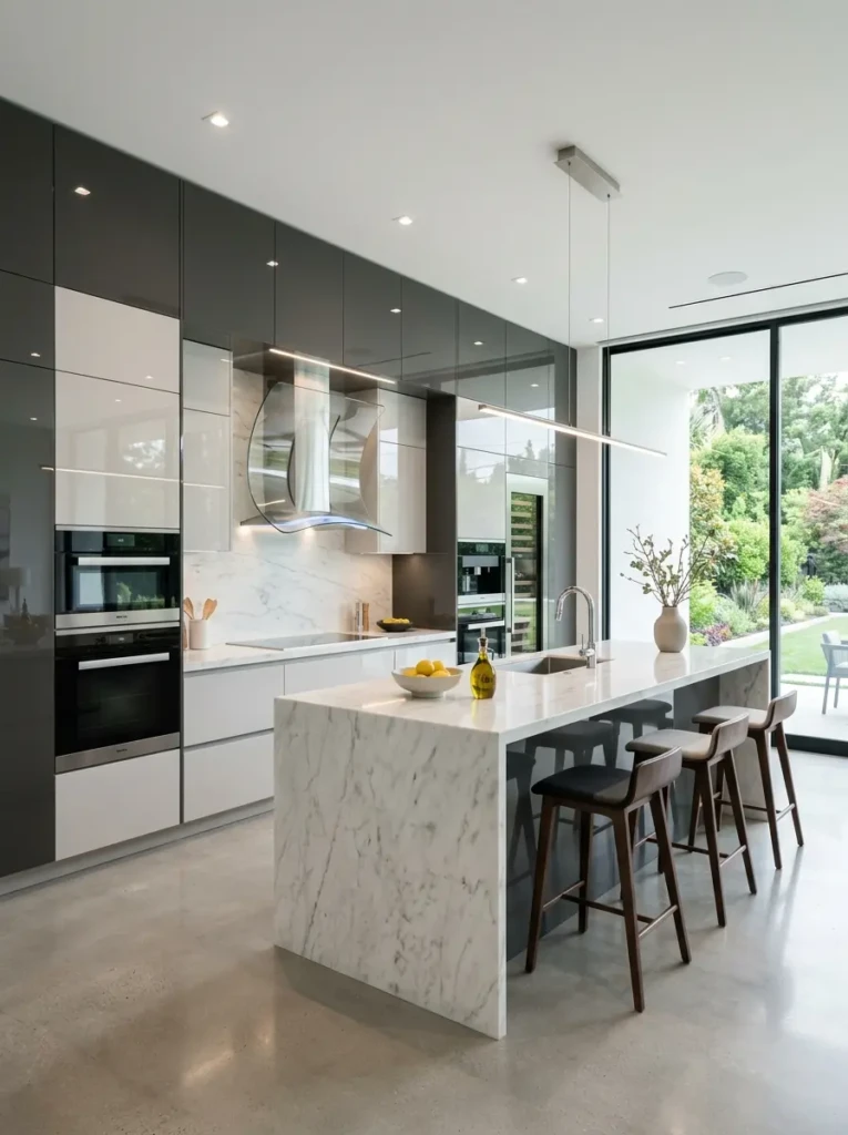 Modern kitchen interior with sleek curved glass range hood design