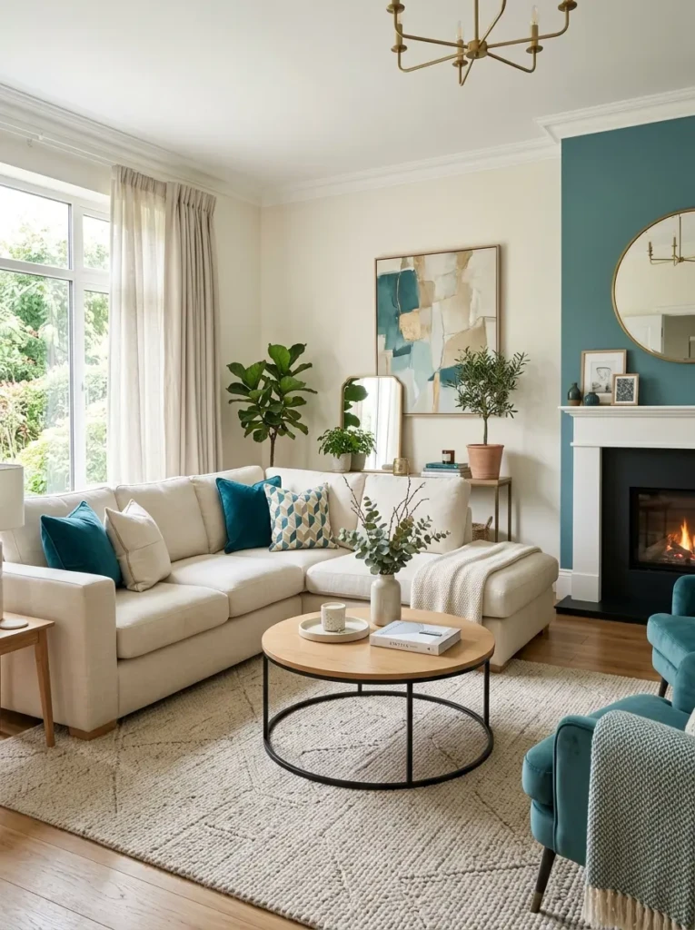 Elegant living room combining teal decor with beige, cream, and neutral furnishings
