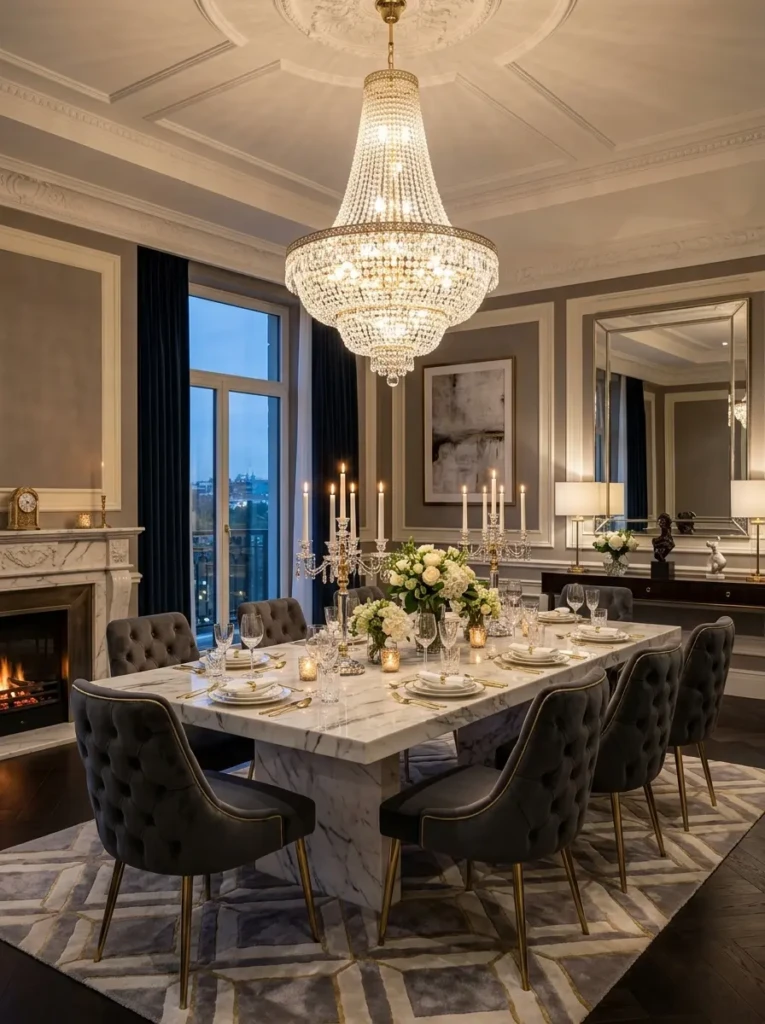 Glamorous dining room with marble table, velvet chairs, crystal chandelier, and elegant decor
