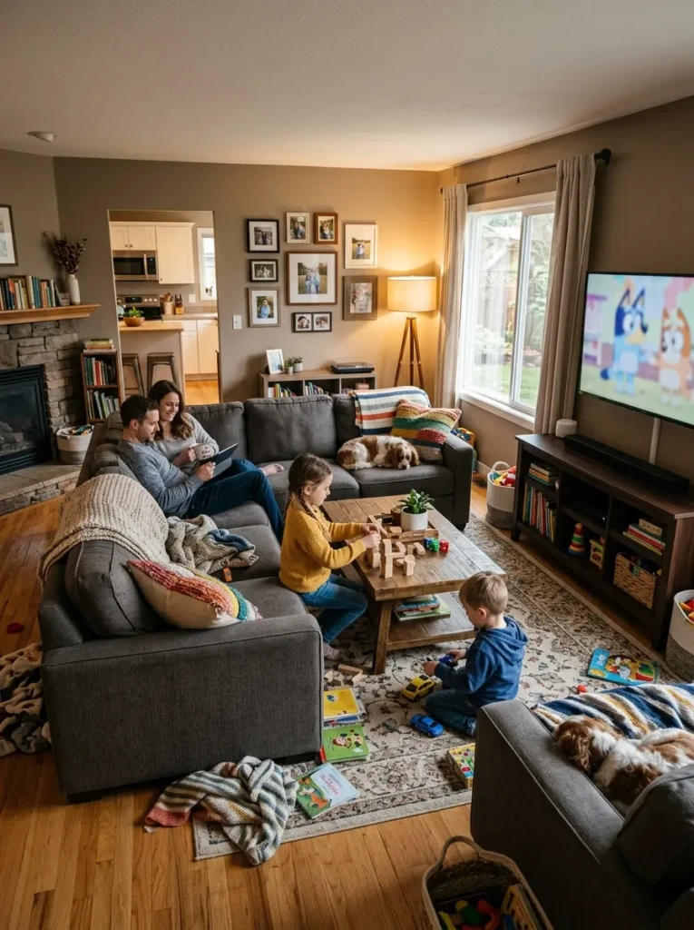 Comfortable family living room with practical layout, cozy seating, and everyday use design