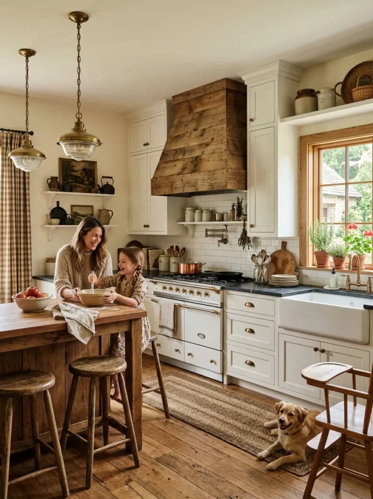 Cozy farmhouse kitchen featuring large wooden range hood and vintage accents