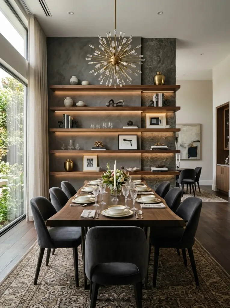 Luxury dining room featuring custom-built floating shelves with premium finishes