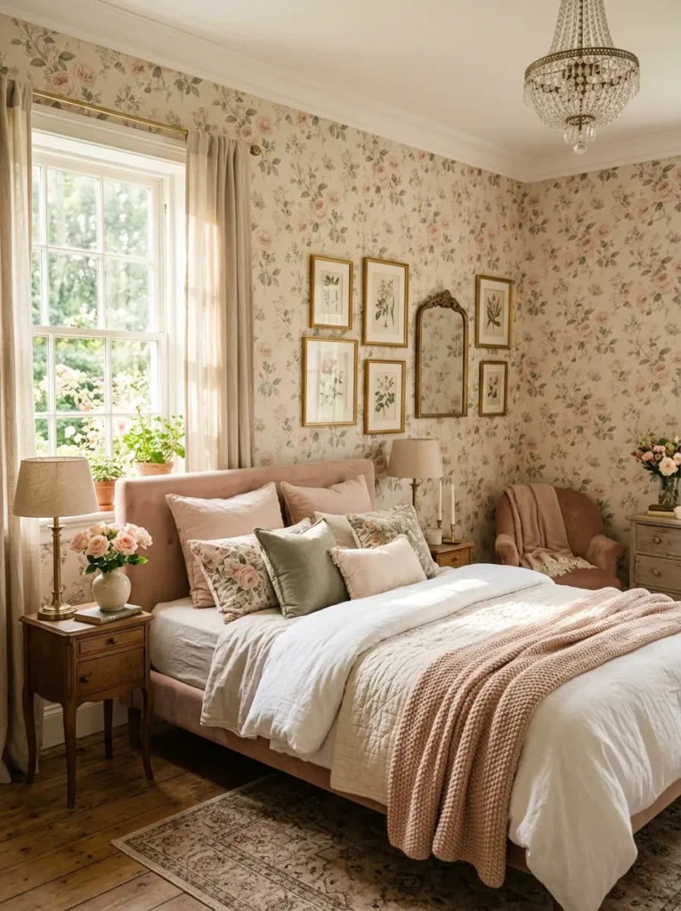 Romantic floral wallpaper bedroom with soft botanical patterns and cozy luxury decor