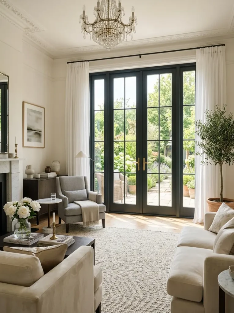 French style double doors in a spacious modern living room