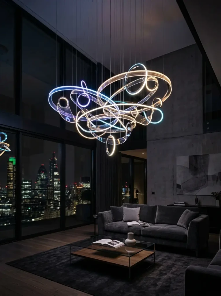 Contemporary LED chandelier glowing softly in a modern home with sleek and futuristic design