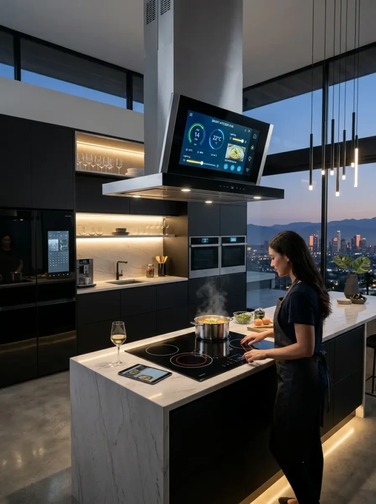 Futuristic smart range hood with LED lighting and digital touch controls