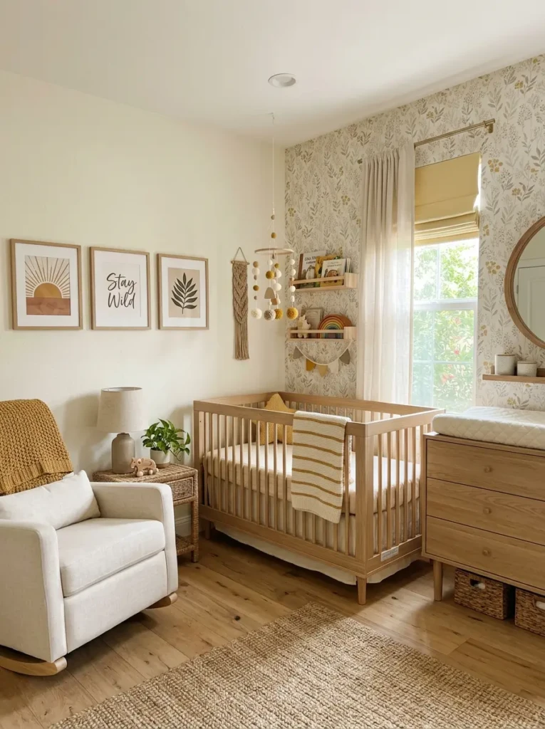 Neutral-toned baby nursery with modern décor and timeless furniture design
