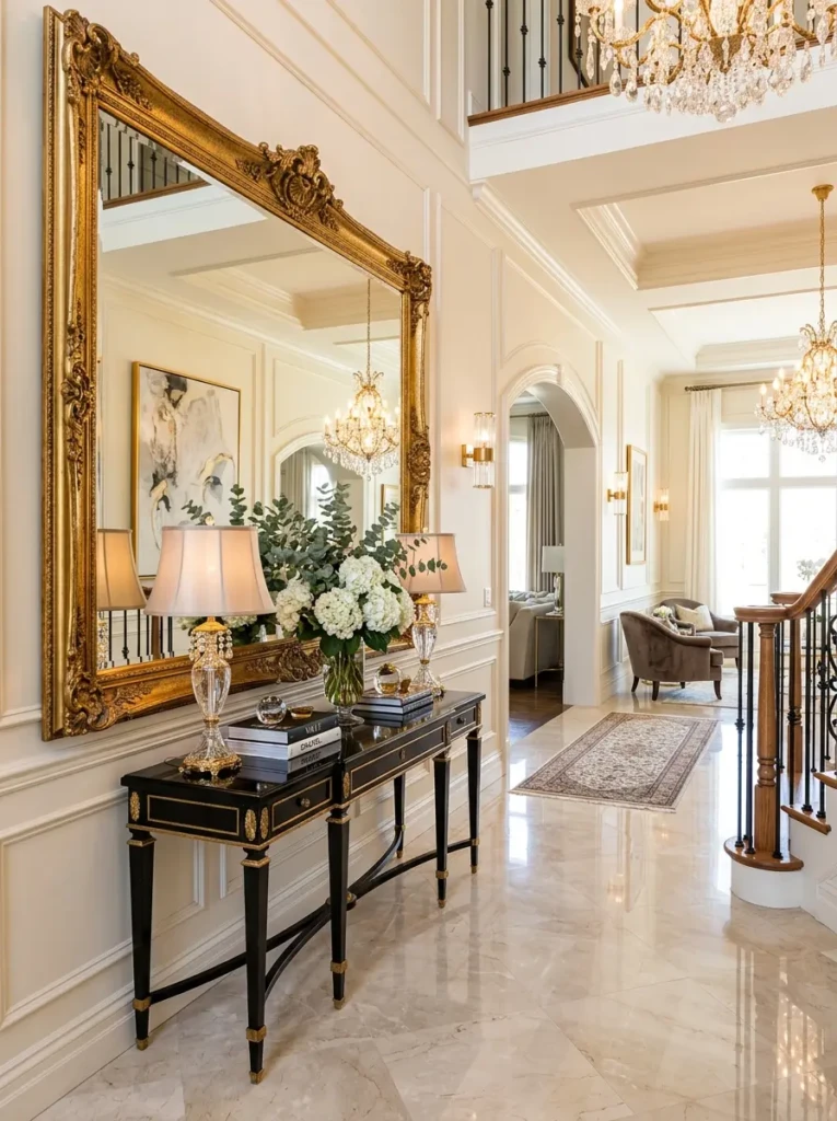Elegant glamorous hallway with oversized gold framed mirror and sophisticated home decor