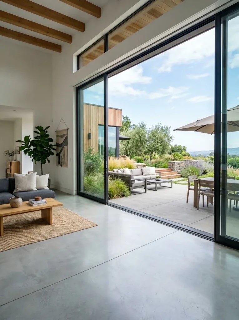 Elegant sliding double glass doors connecting indoor and outdoor spaces