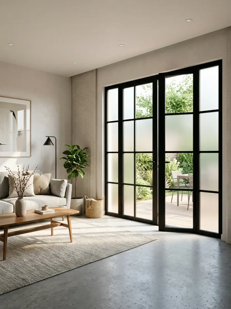 Modern glass panel double doors with black aluminum frames and natural lighting