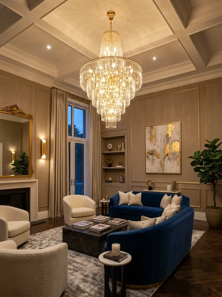 Crystal chandelier and warm ambient lighting in glamorous luxury home interior design