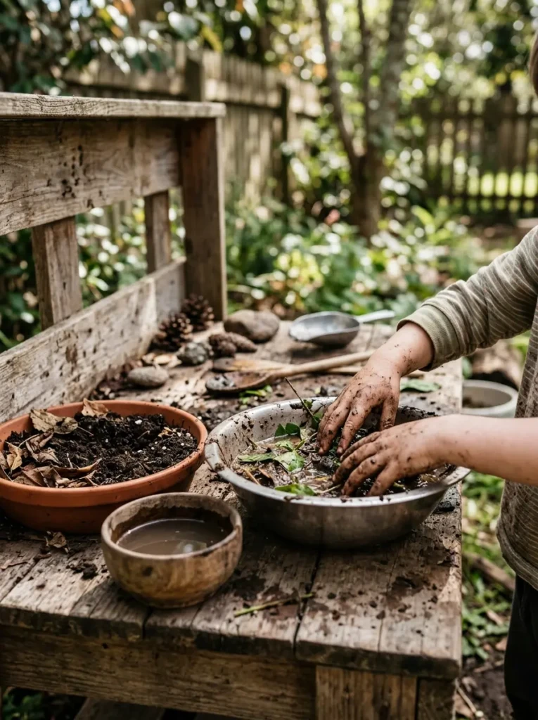 Close-up of a basic mud kitchen with bowls of soil, leaves, and water for sensory play