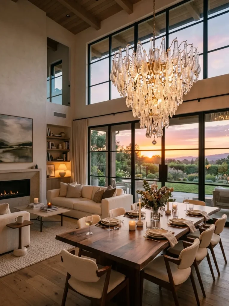 Elegant home interior with a stunning modern chandelier creating a warm and inviting atmosphere