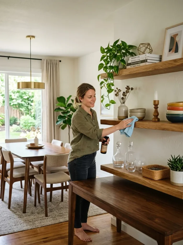 Homeowner cleaning and maintaining wooden floating shelves in a dining room