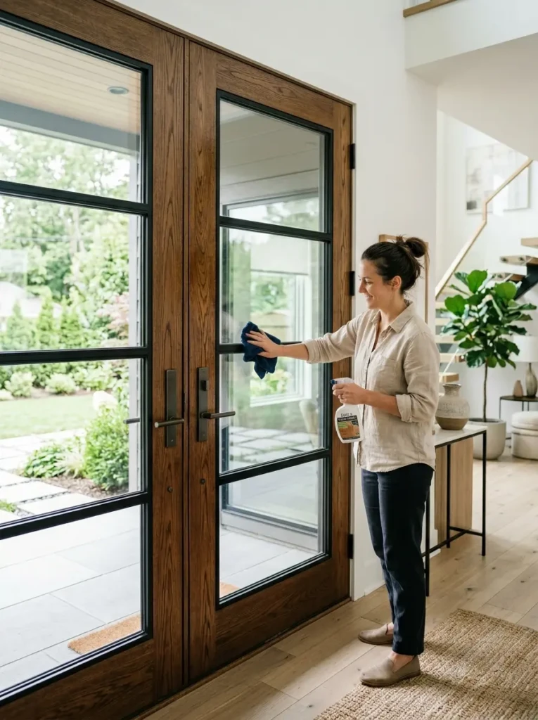 Cleaning and polishing modern wooden and glass double doors