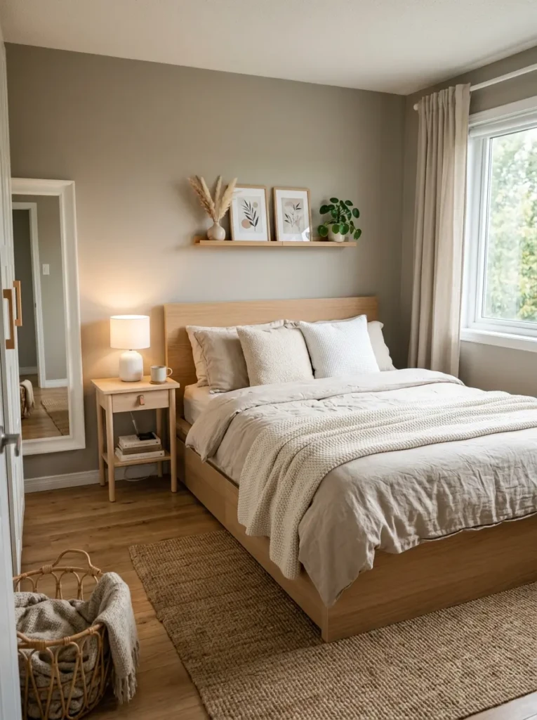 Calm neutral IKEA bedroom with beige bedding, wood accents, and minimalist Scandinavian styling.