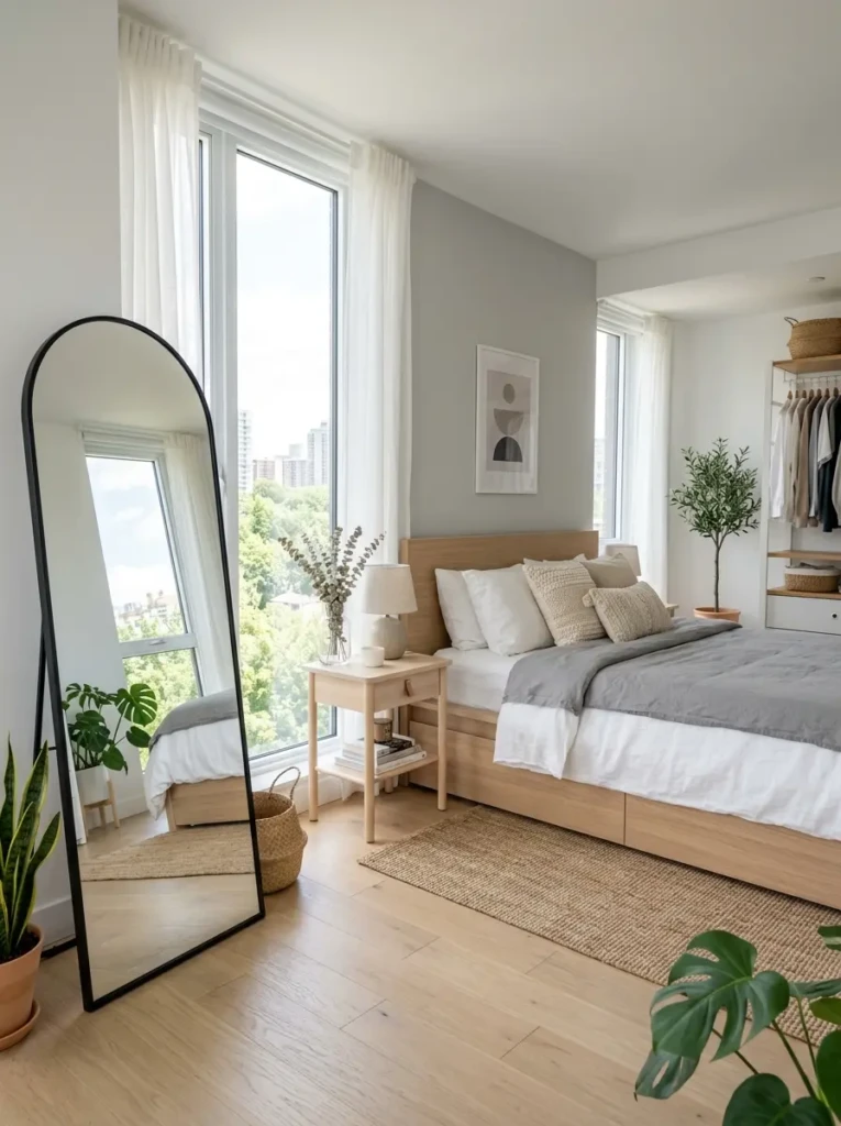 Modern bedroom with large IKEA mirror reflecting natural light to make the room feel bigger.