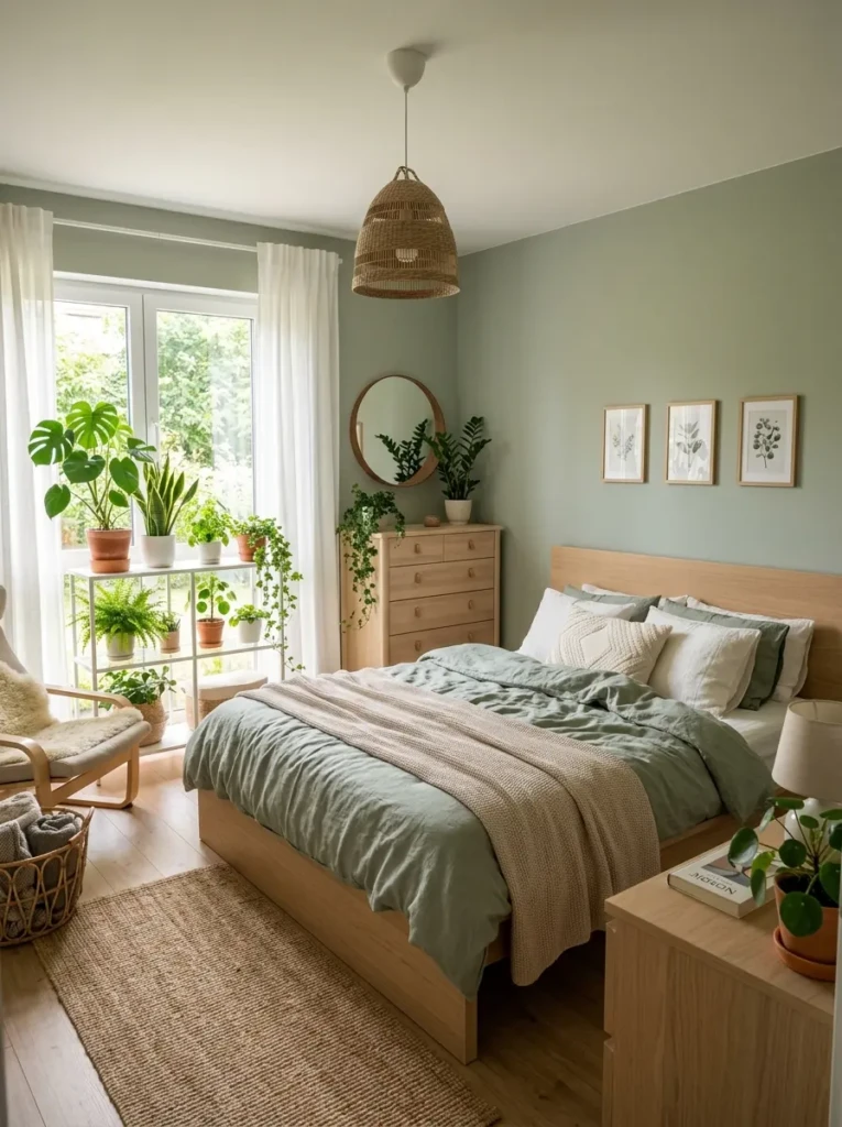 Cozy IKEA bedroom decorated with indoor plants and natural sunlight for a fresh relaxing atmosphere.