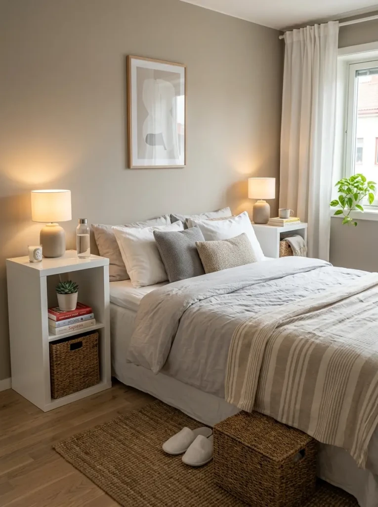 Small IKEA bedroom using KALLAX shelves as bedside tables with baskets, books, and modern decor.