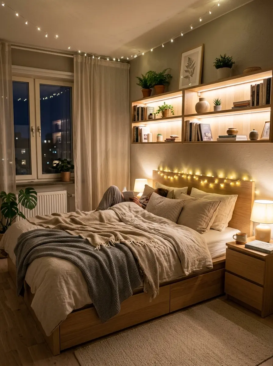 Warm and cozy IKEA bedroom with string lights, bedside lamps, and relaxing Scandinavian decor.