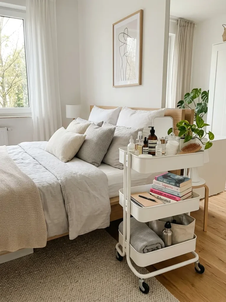 IKEA RASKOG rolling cart used for bedroom organization beside a cozy modern bed setup.