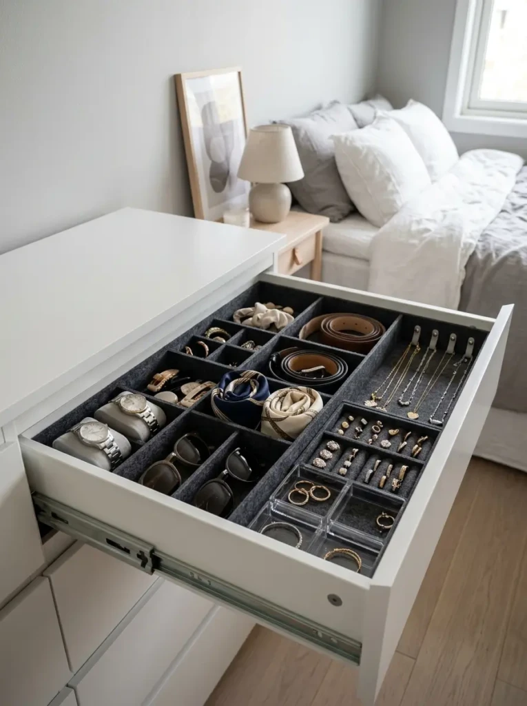 Organized IKEA bedroom drawers with dividers for jewelry, accessories, and small storage items.