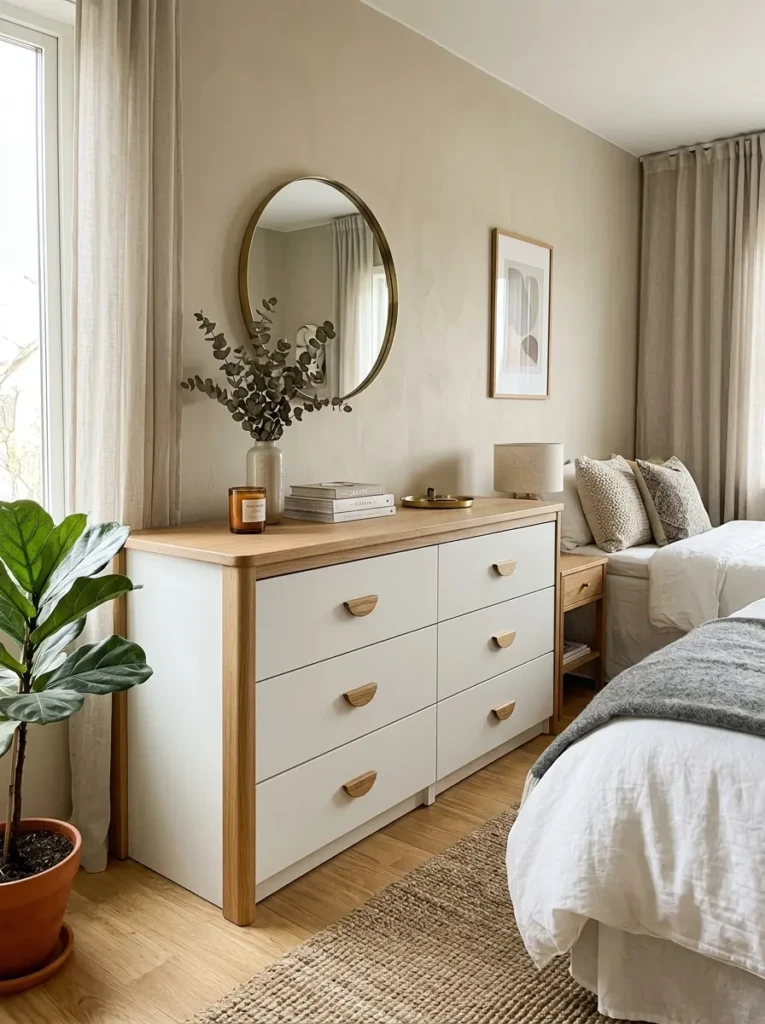 Modern IKEA dresser upgraded with custom handles and wood trim in a cozy Scandinavian bedroom.