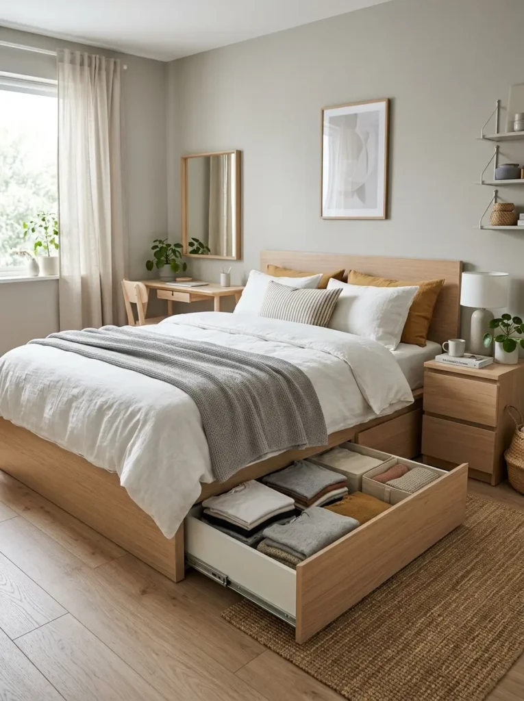 IKEA MALM bed with hidden storage drawers underneath in a clean and organized minimalist bedroom.
