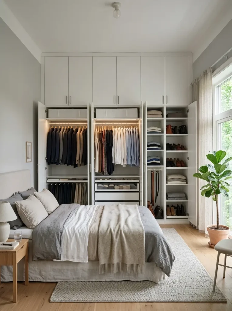 IKEA PAX wardrobe transformed into a custom built-in closet with stylish modern bedroom storage.