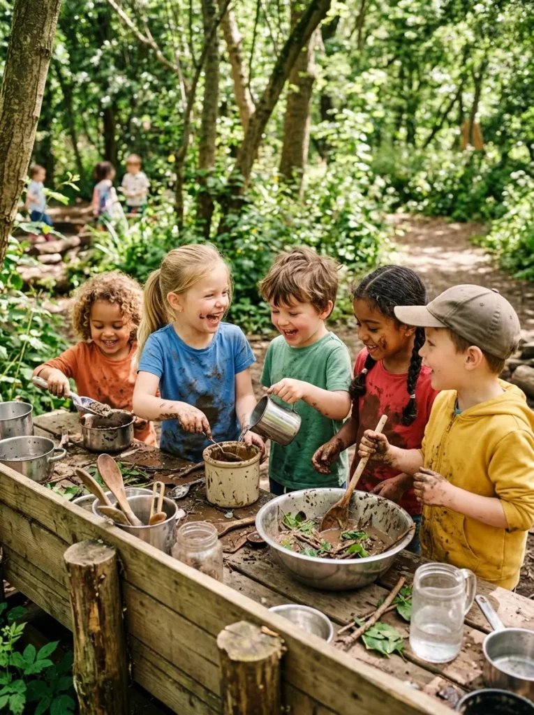 Group of children sharing tools and playing together at a mud kitchen