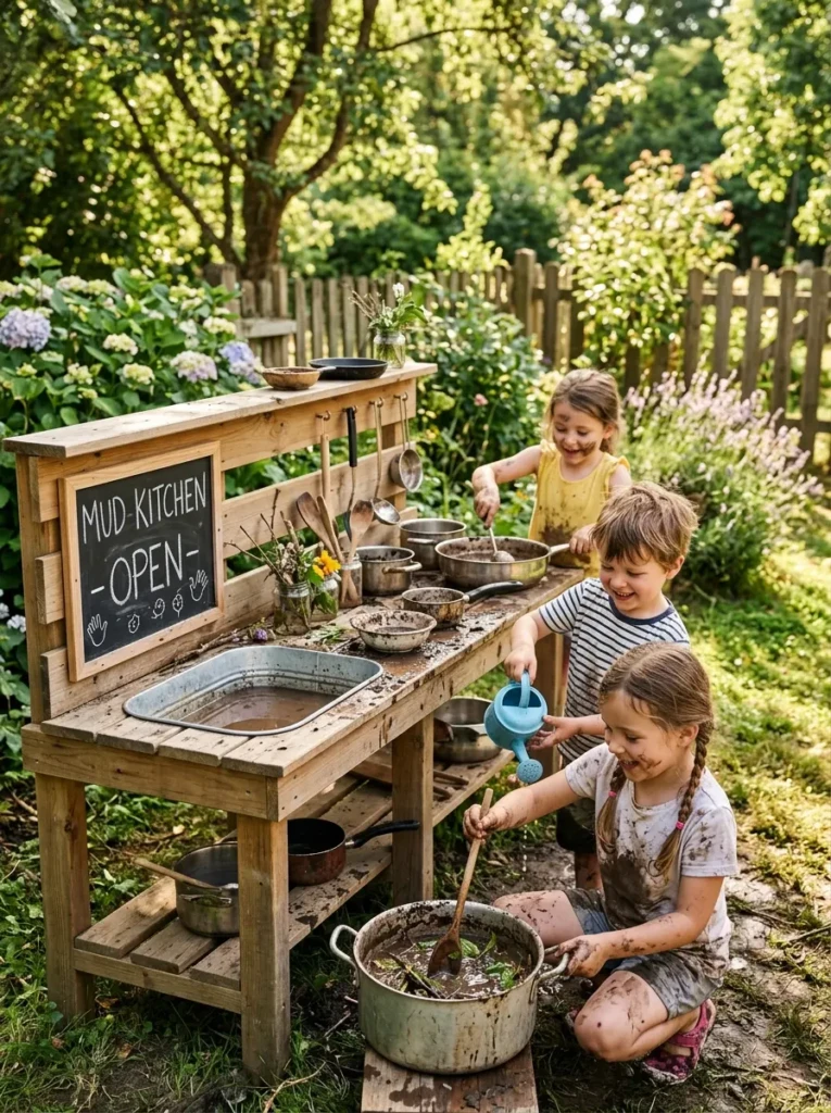 Children playing in a wooden mud kitchen outdoors, mixing mud and water in a sunny backyard