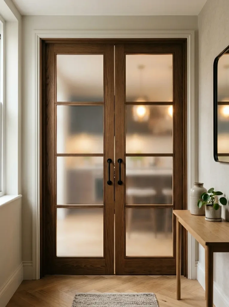 Modern kitchen double doors with frosted glass and wooden frames