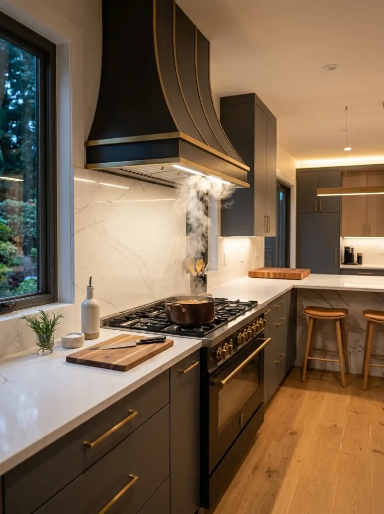 Stylish modern kitchen with elegant range hood improving ventilation and interior appearance