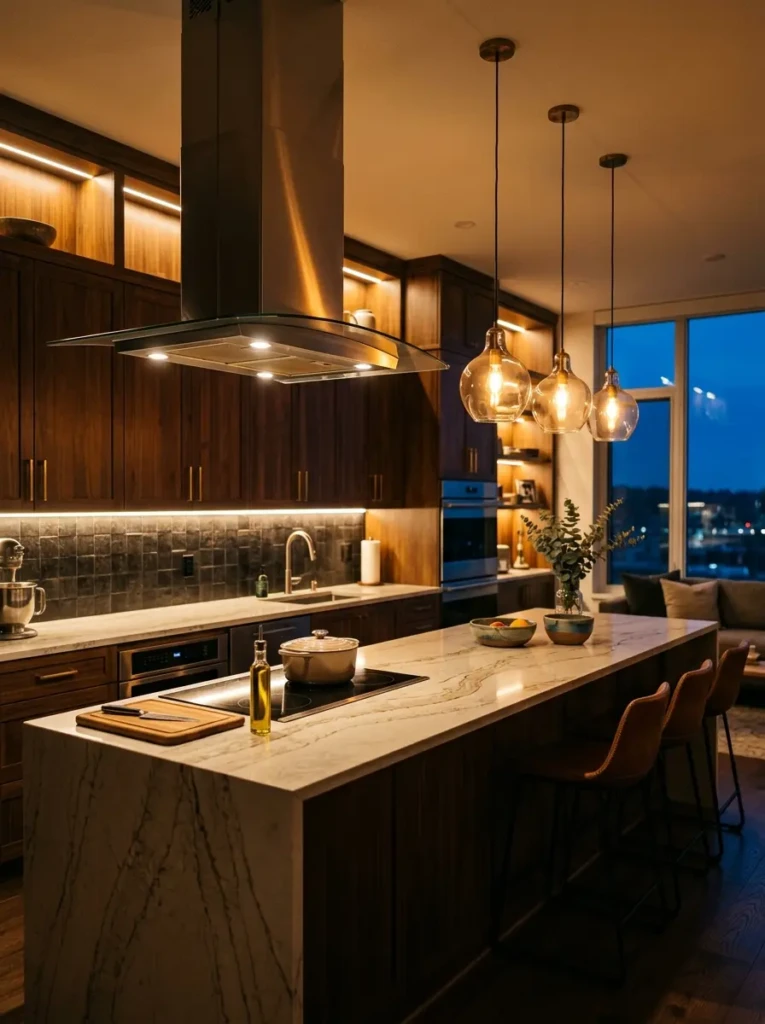 Warm pendant lights and LED lighting around modern kitchen range hood